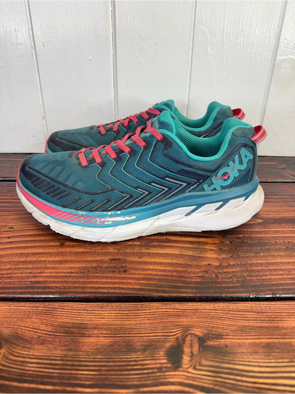 HOKA Clifton 4 Wide Women’s Size 10D Teal Pink Running Athletic Shoes
